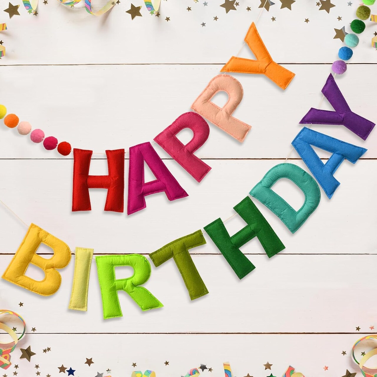 Happy Birthday Banner Felt Ball Garland Colorful Dainty Pre-Strung Rainbow Birthday Banner Reusable Happy Birthday Sign Photo Booth Props Primary Color Birthday Party Decoration for Kids Girls